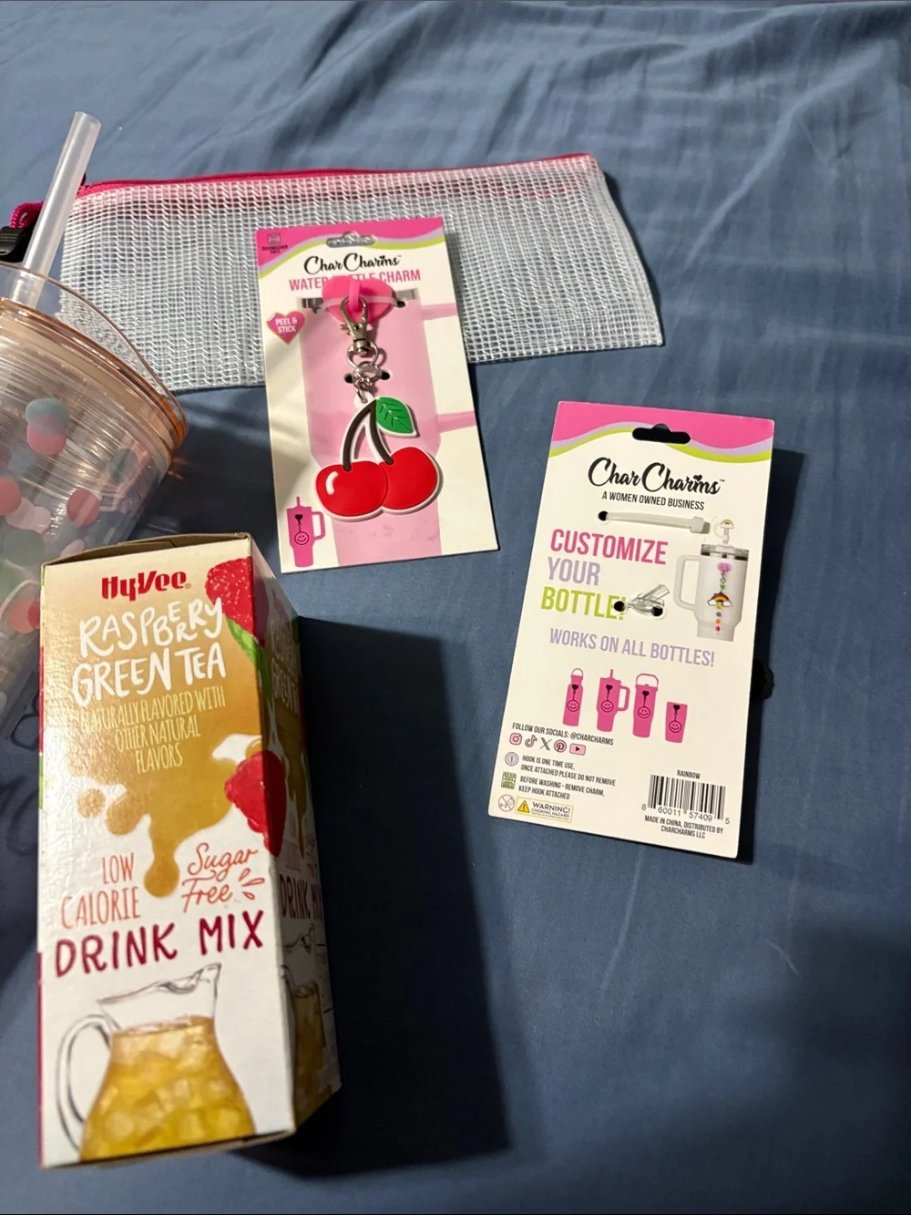 Reusable Pink Polka Dot Travel Tumbler with charms to decorate cup, journal